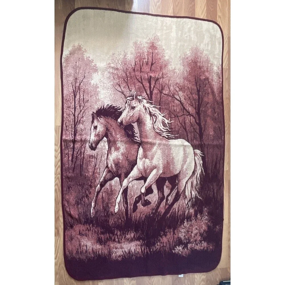 Vintage San Marcos Wild Horses Blanket Reversible Two Tone Burgundy Ivory 85x54